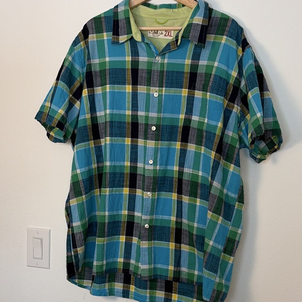 G&M Men’s 2XL Blue Green Yellow Black Plaid Cotton Button-Up Short Sleeve